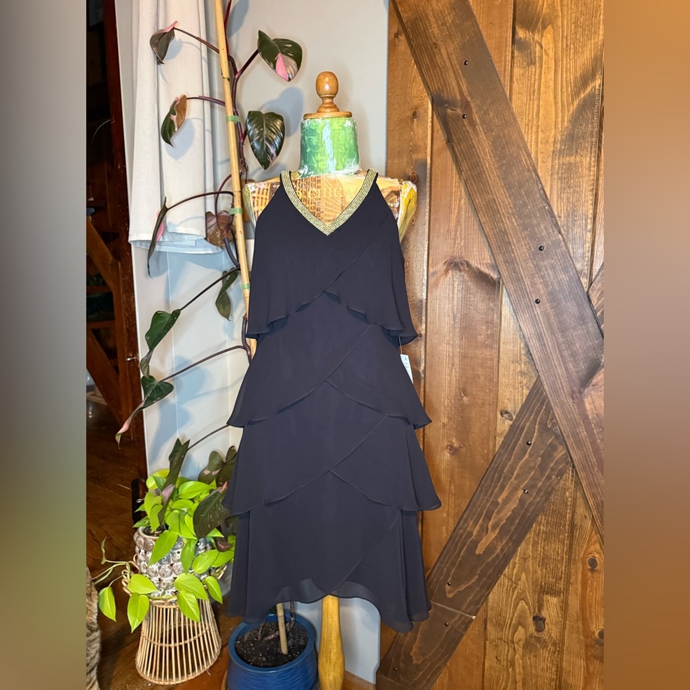 SLNY Black Layered Dress with crystal V neck